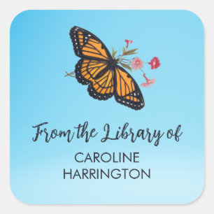 Orange Monarch Butterfly Pretty Sky Blue Bookplate Square Sticker