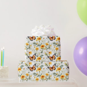 Orange Monarch  Butterfly Yellow Green  Floral  Wrapping Paper