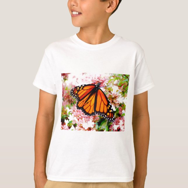 Orange Monarch on pink flowers T-Shirt (Front)