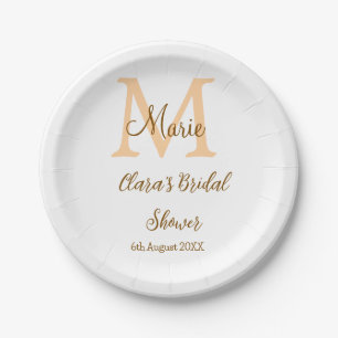 Orange monogram bridal shower add name modern simp paper plate