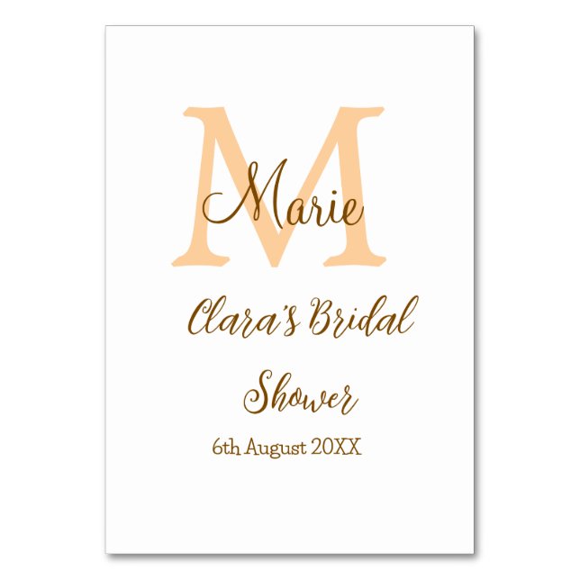 Orange monogram bridal shower add name modern simp table number (Front)