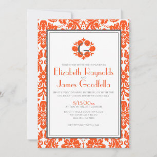 Orange Monogram Damask Wedding Invitations