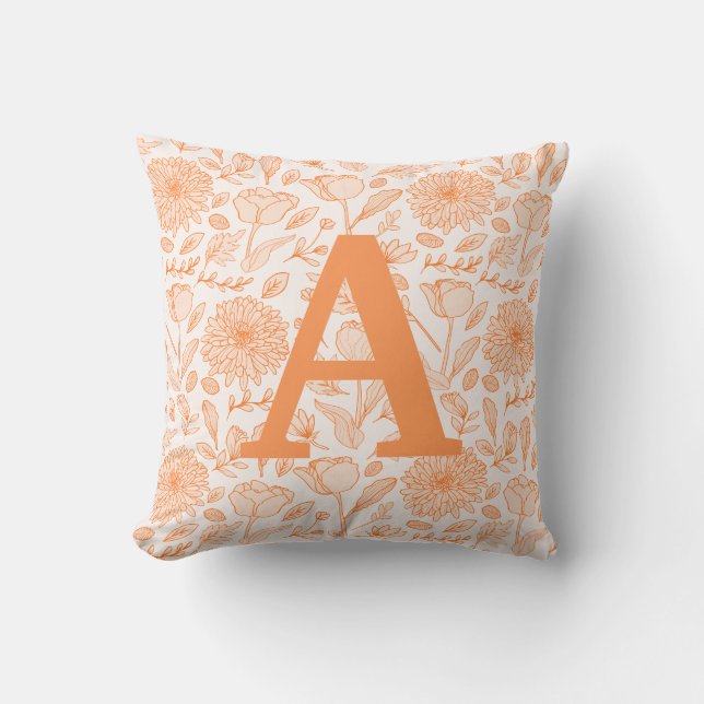 Orange Monogram Floral Girls Throw Pillow (Front)
