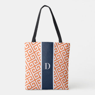 Orange Monogram Greek Key Tote Bag