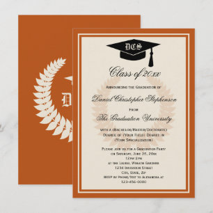 Orange Monogram Laurel Classic College Graduation Invitation