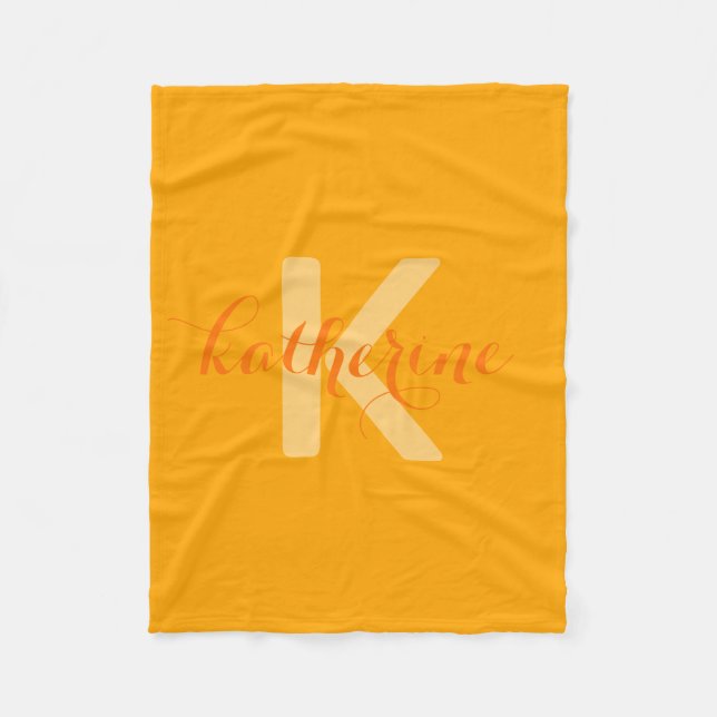 Orange Monogram Pattern Script Name Fleece Blanket (Front)