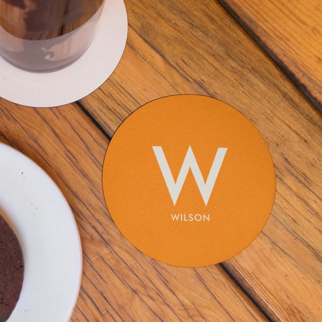 Orange Monogram Personal Party Round Paper Coaster (Creator Uploaded)