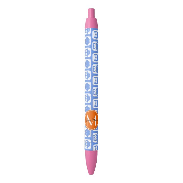 Orange Monogram Personalised Name Blue Owls Black Ink Pen (Front Vertical)