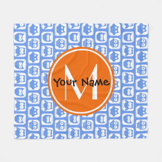 Orange Monogram Personalised Name Blue Owls Fleece Blanket