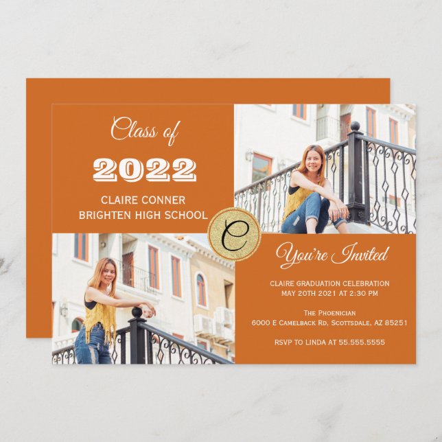 Orange Monogram Photo Graduation Invitation (Front/Back)