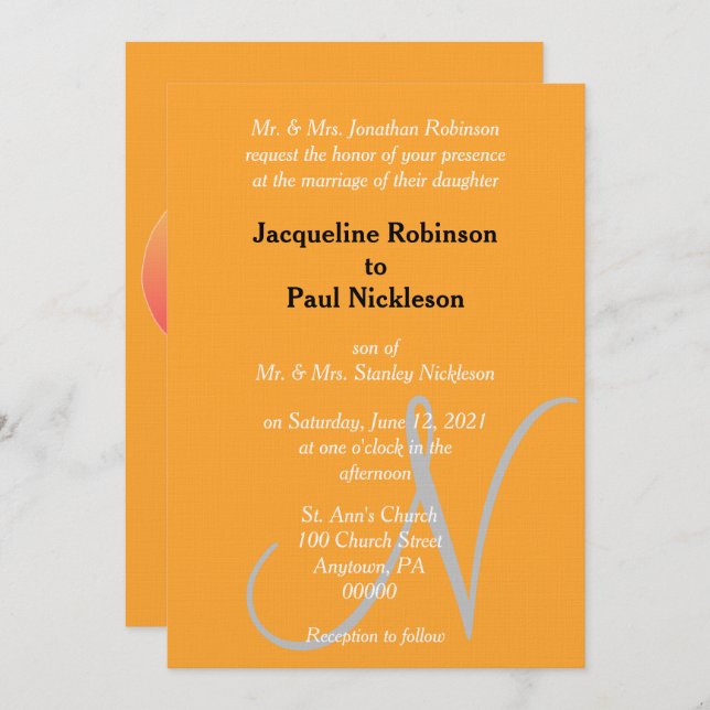 Orange Monogram Sunset Heart Invitation (Front/Back)
