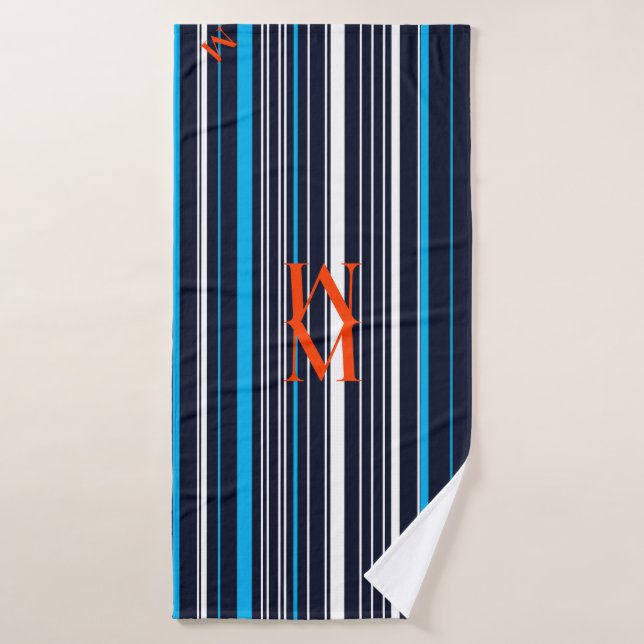 Orange Monogrammed Blue Striped Bath Towel Set (Bath Towel)