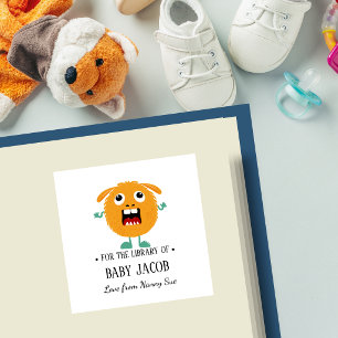 orange Monster Baby Toddler Personalised Bookplate Square Sticker