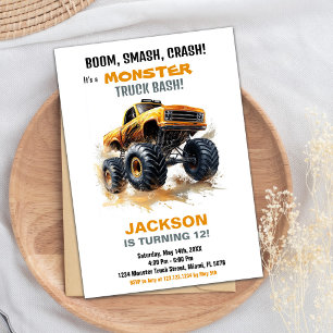 Orange Monster Truck Birthday Invitations