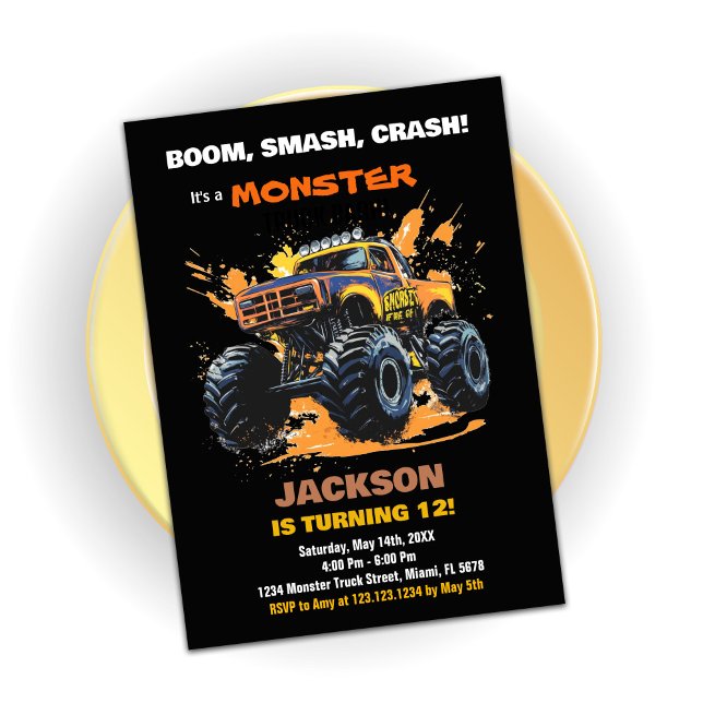 Orange Monster Truck Birthday Invitations Black (Orange Monster Truck Birthday Invitations Black)