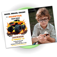Orange Monster Truck Birthday Invitations Photo