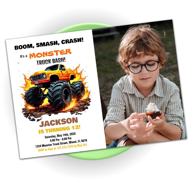 Orange Monster Truck Birthday Invitations Photo (Orange Monster Truck Birthday Invitations Photo)