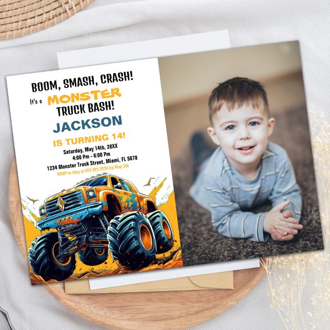 Orange Monster Truck Birthday Invitations Photo (Orange Monster Truck Birthday Invitations Photo)
