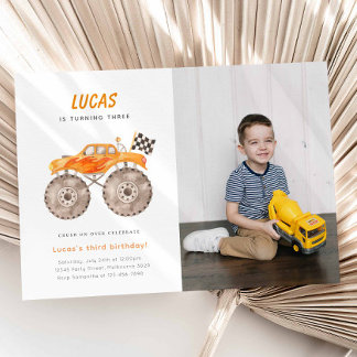 Orange Monster Truck Birthday Photo Invitation