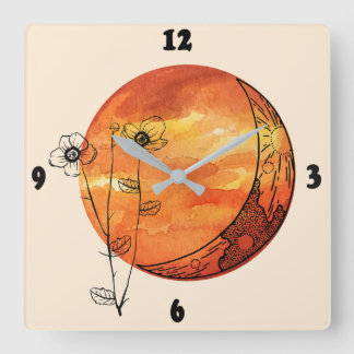 Orange moon and poppy flower square wall clock