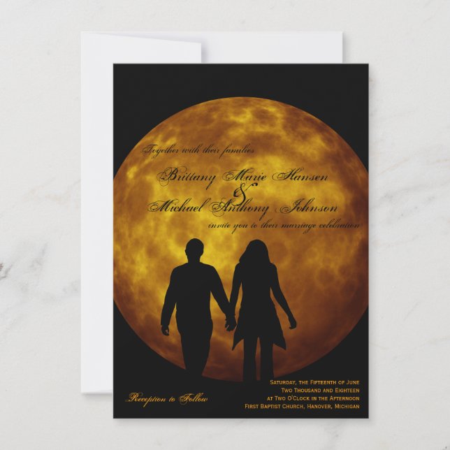Orange Moon Silhouette Couple Wedding Invitations (Front)