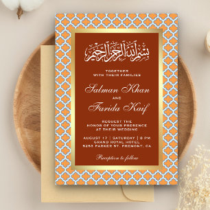 Orange Moroccan Quatrefoil Pattern Islamic Wedding Invitation