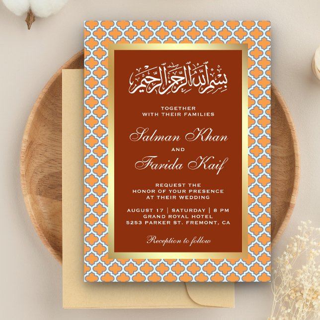 Orange Moroccan Quatrefoil Pattern Islamic Wedding Invitation (Creator Uploaded)