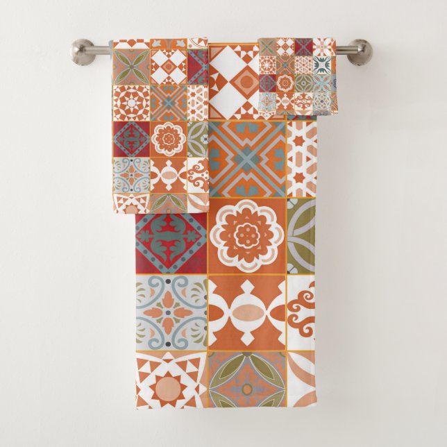 Orange Moroccan tile Bath Towel Set (Insitu)