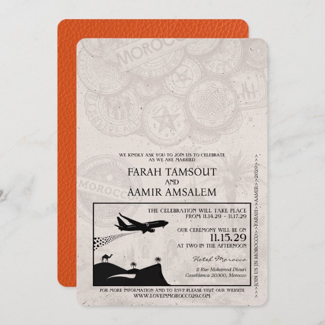 Orange Morocco Passport Wedding Invitation (Front/Back)
