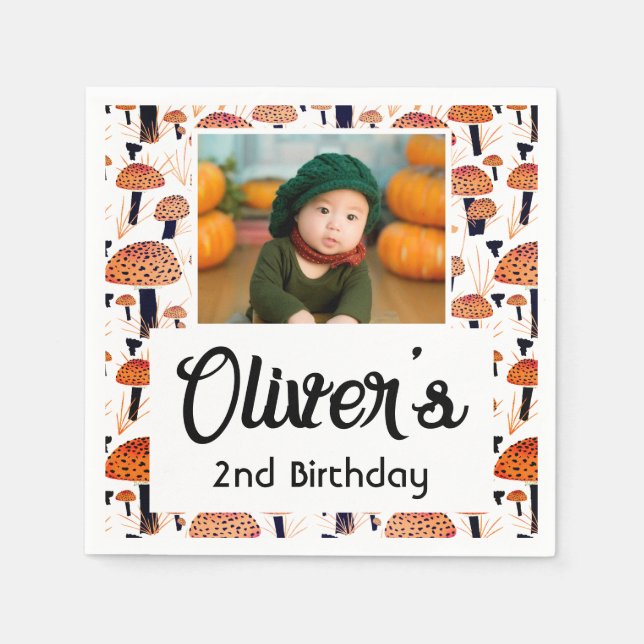 Orange Mushroom Fall Photo Birthday Party Napkin (Front)