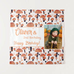 Orange Mushroom Pattern Fall Photo Birthday Tapestry