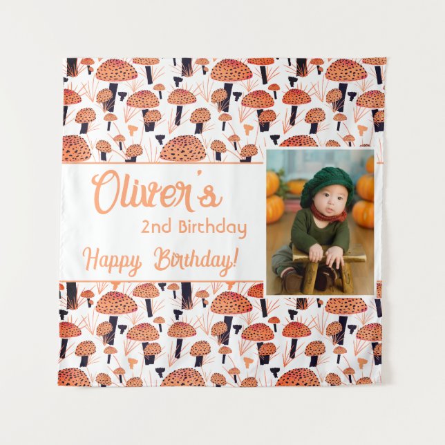 Orange Mushroom Pattern Fall Photo Birthday Tapestry (Front)