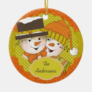 Orange/Mustard Dotted Snowmen Holiday Ornament