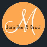 Orange Names Monogram Wedding Favour Stickers<br><div class="desc">Customisable Wedding Favour Stickers with Monogram Initials and bride and groom names. Design by Elke Clarke©</div>