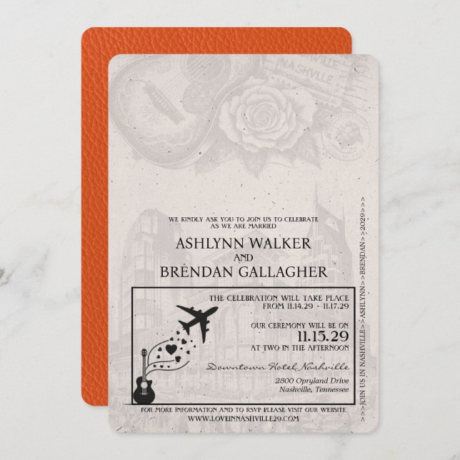 Orange Nashville Passport Wedding Invitation (Front/Back)