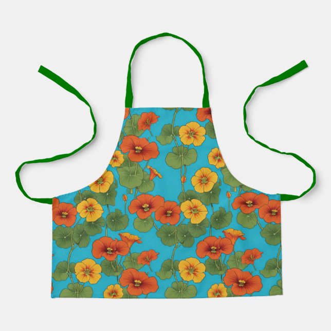 Orange Nasturtium Vines on Bright Blue Background Apron (Front)