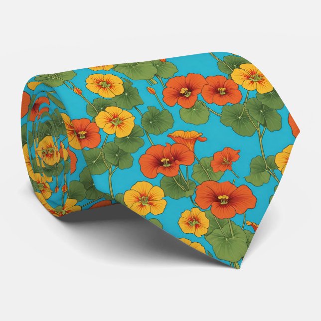 Orange Nasturtium Vines on Bright Blue Background Tie (Rolled)