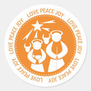 Orange Nativity Scene Love, Peace, Joy Christmas Classic Round Sticker