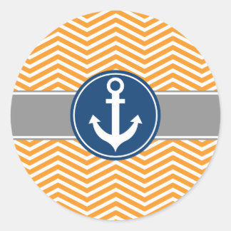 Orange Nautical Anchor Chevron Classic Round Sticker