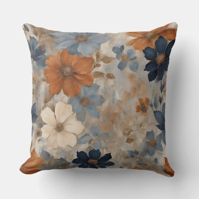 Orange Navy Blue Dusty Blue Rustic Floral Cushion (Front)