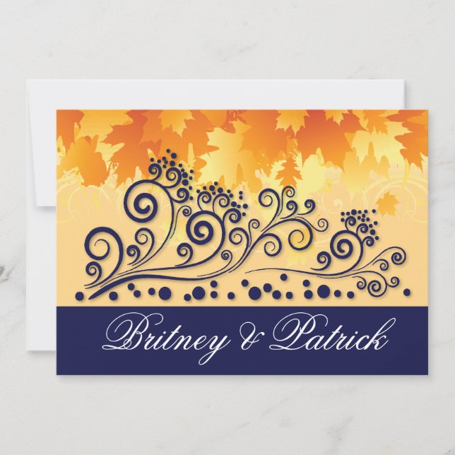Orange & Navy Blue Fall Leaves Wedding Invitations (Front)