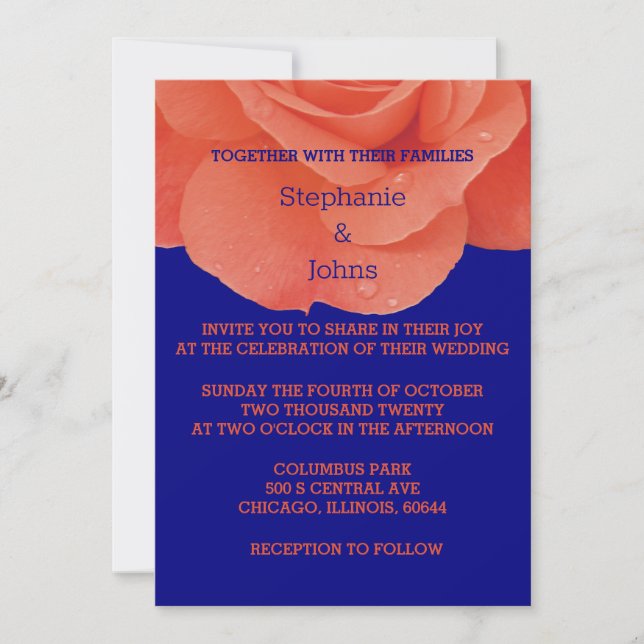 Orange Navy Blue Floral Rose Elegant Fall Wedding  Invitation (Front)