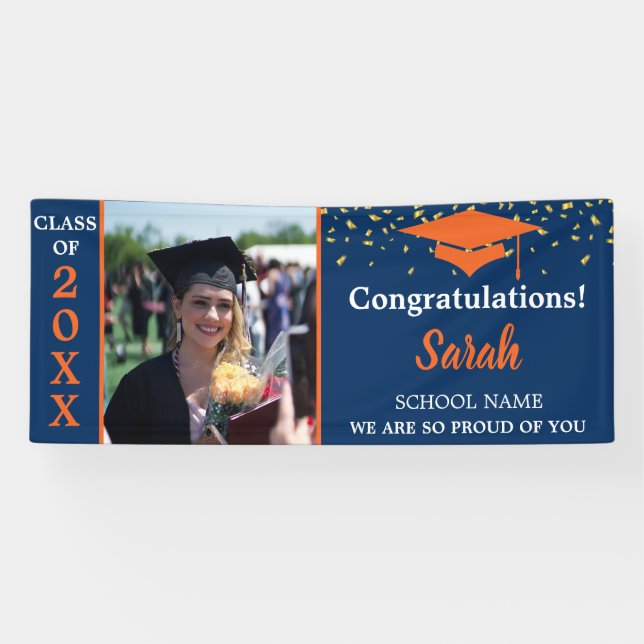 Orange & Navy Blue Graduation Photo Class Of 2025 Banner (Horizontal)