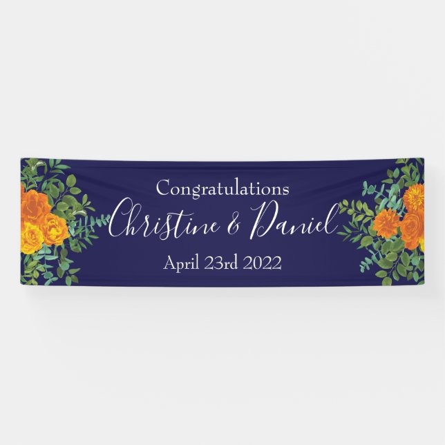 Orange & Navy Blue Peony & Rose Floral Wedding Banner (Horizontal)