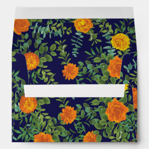 Orange & Navy Blue Peony & Rose Floral Wedding Envelope