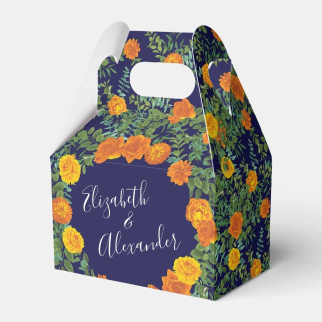 Orange & Navy Blue Peony & Rose Floral Wedding Favour Box (Front Side)