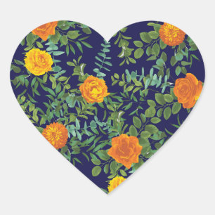 Orange & Navy Blue Peony & Rose Floral Wedding Heart Sticker