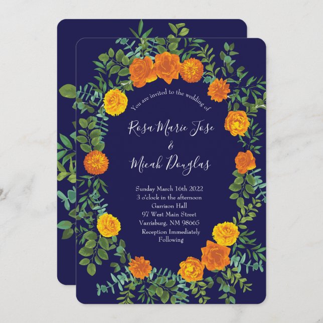 Orange Navy Blue Peony Rose Floral Wedding Invitation (Front/Back)