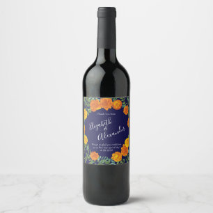Orange & Navy Blue Peony & Rose Floral Wedding Wine Label