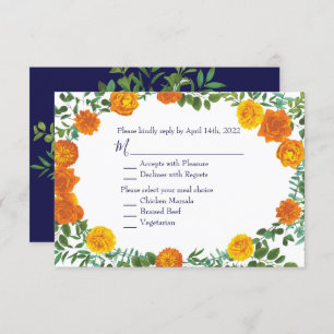 Orange & Navy Blue Peony Rose Invitation Reply